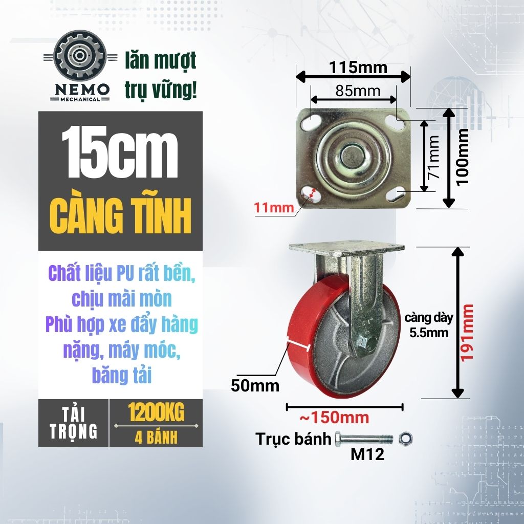 Bánh Xe PU Lõi Sắt Tải Nặng – Khung Càng Thép 5.5mm (D100, D125, D150, D200)